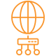 A computer network symbol with an orange globe.