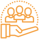 A black and orange icon of a hand holding people