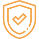 A black and orange icon of a shield with an tick inside it.